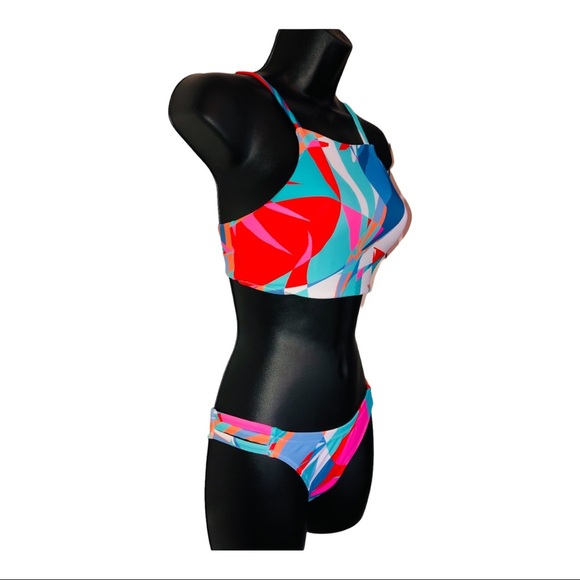 Abstract colorblock 2piece geometric print halter bikini set size XS new - Picture 2 of 14